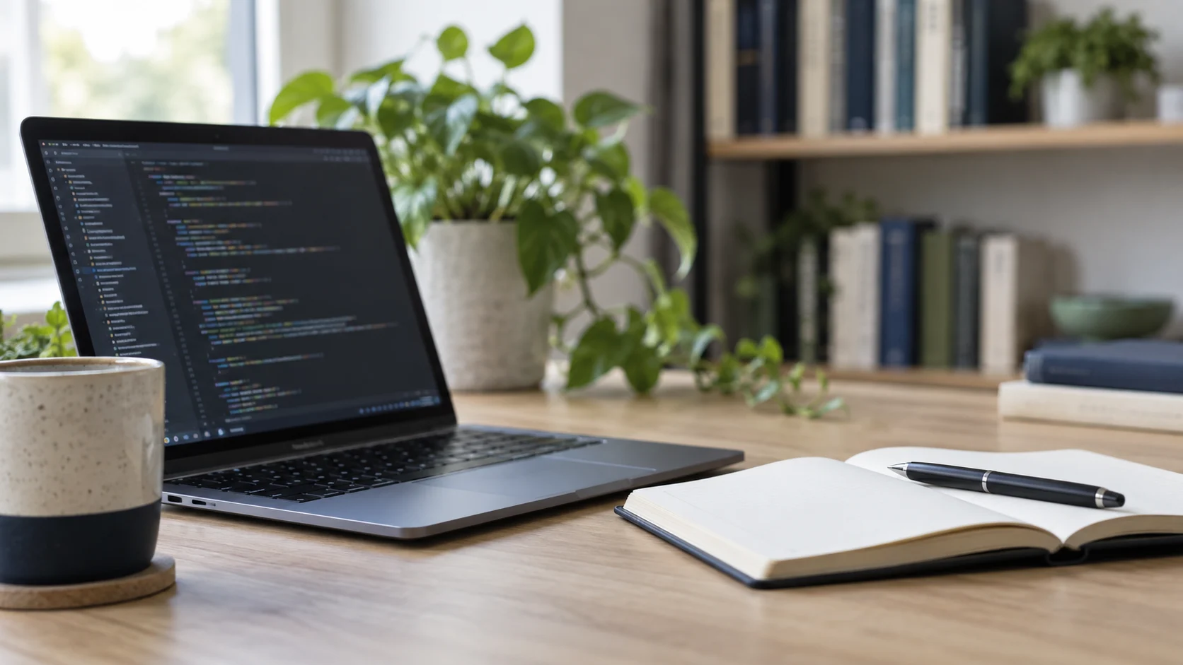 Laptop z kodem i notes na biurku - ilustracja AI
